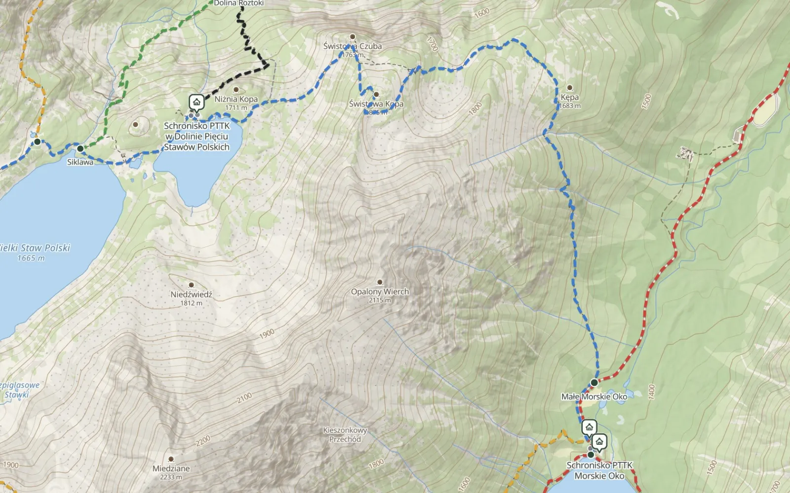 Mapa trasy Przez Świstówkę Roztocką z Pięciu Stawów do Morskiego Oka