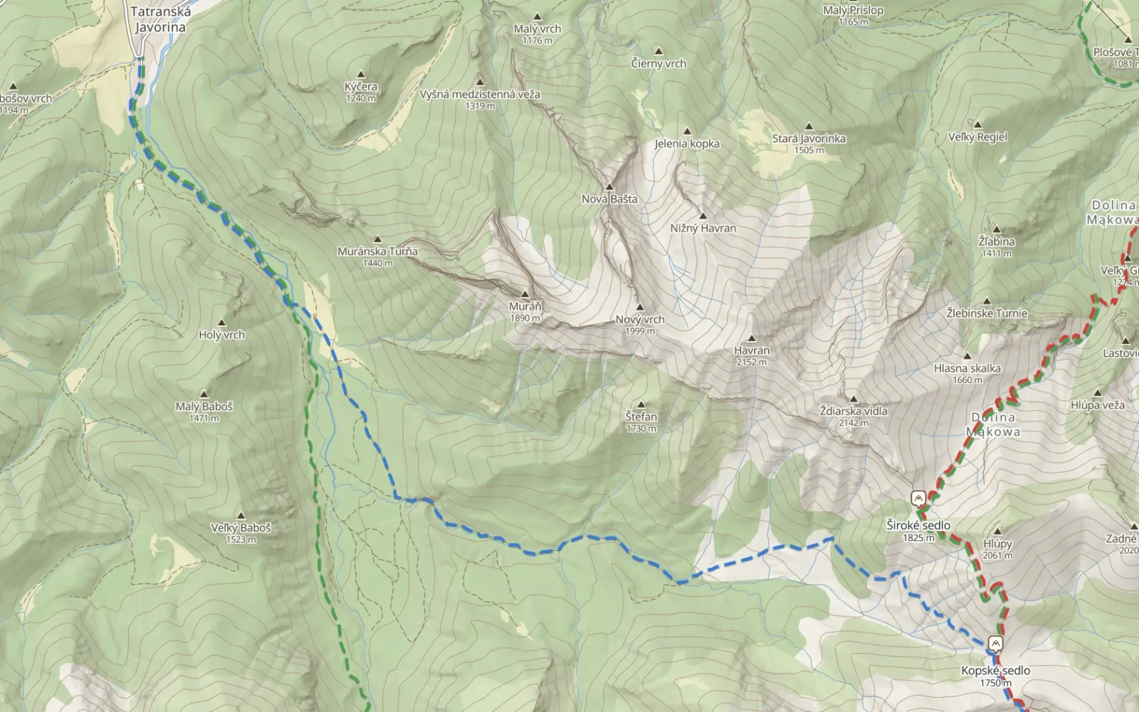 Mapa trasy Doliną Zadnich Koperszadów na Przełęcz pod Kopą i Szeroką Przełęcz Bielską
