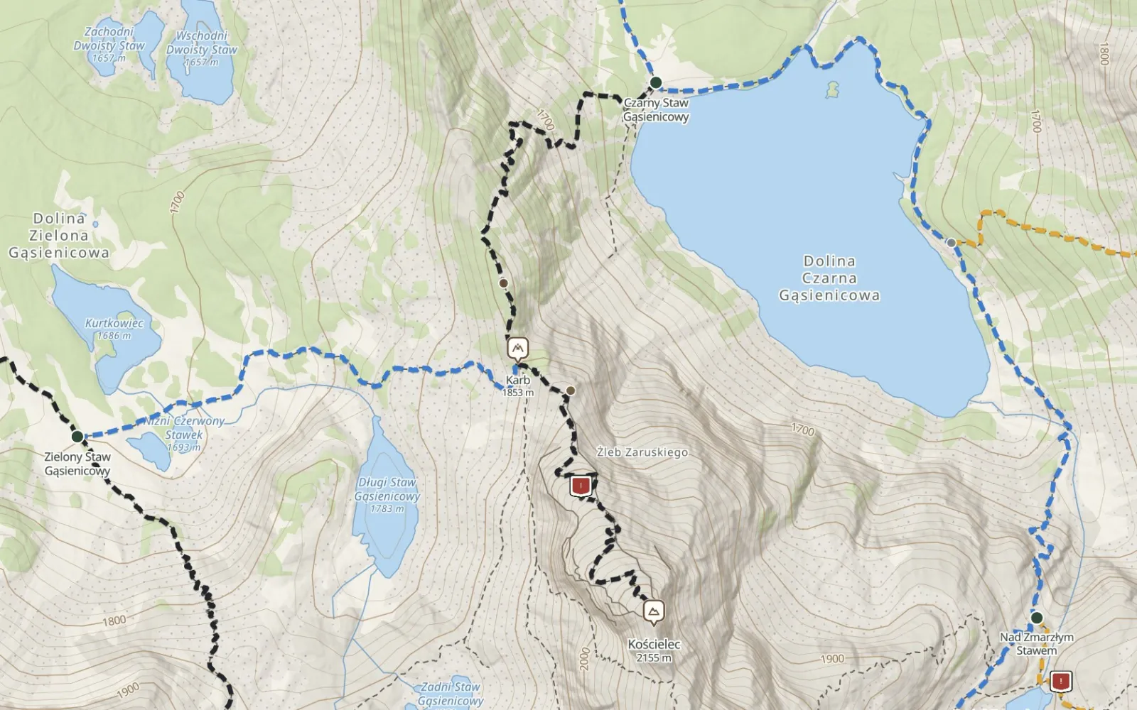 Mapa trasy Czarny Staw Gąsienicowy – Kościelec