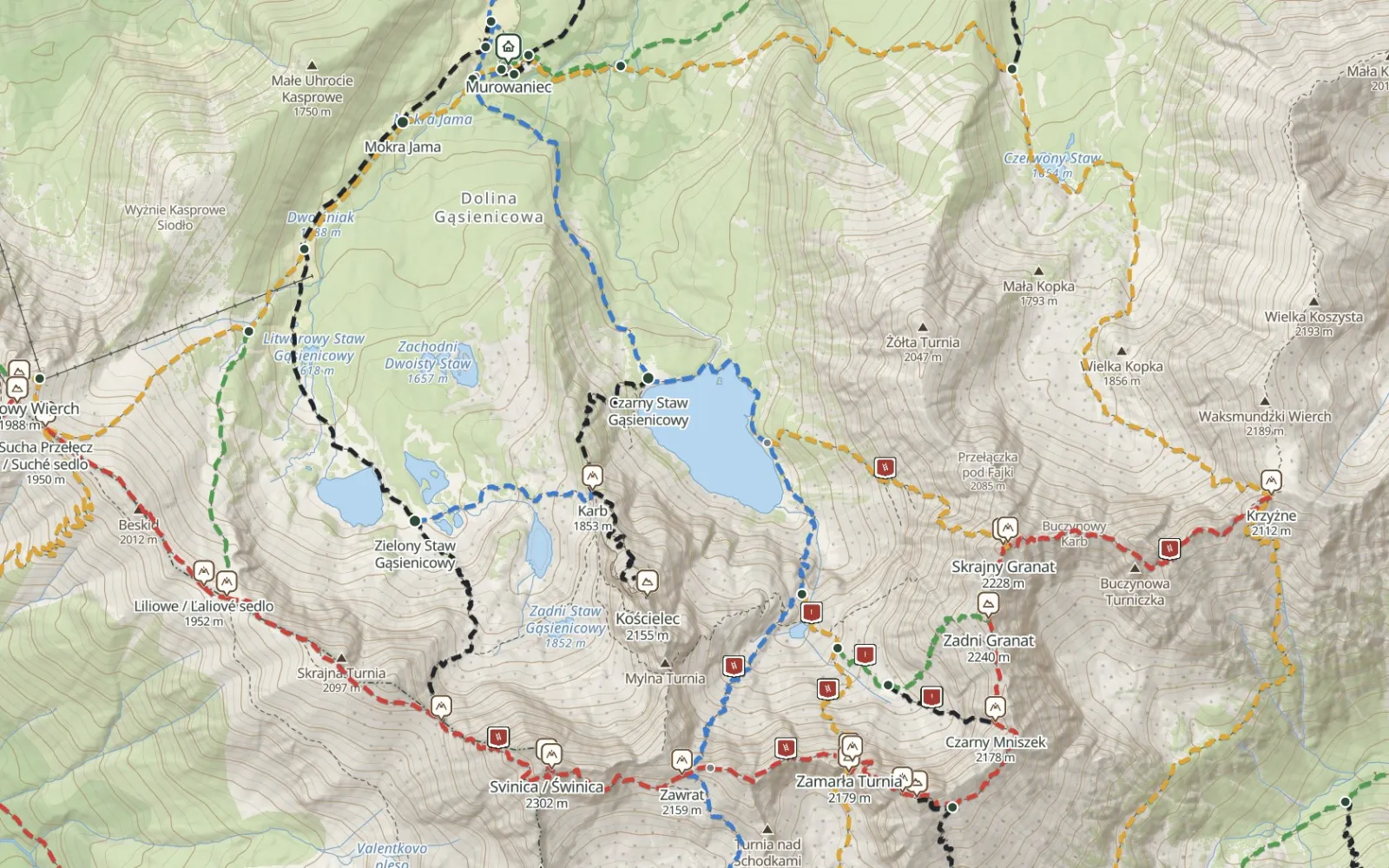 Mapa trasy Hala Gąsienicowa – Kozia Przełęcz – Kozi Wierch