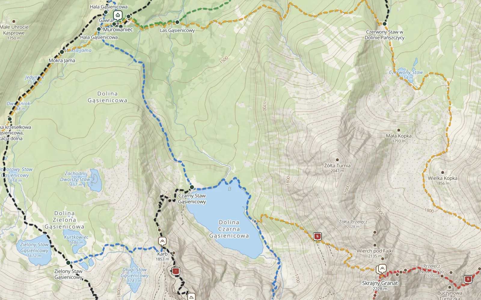 Mapa trasy Hala Gąsienicowa – Skrajny Granat