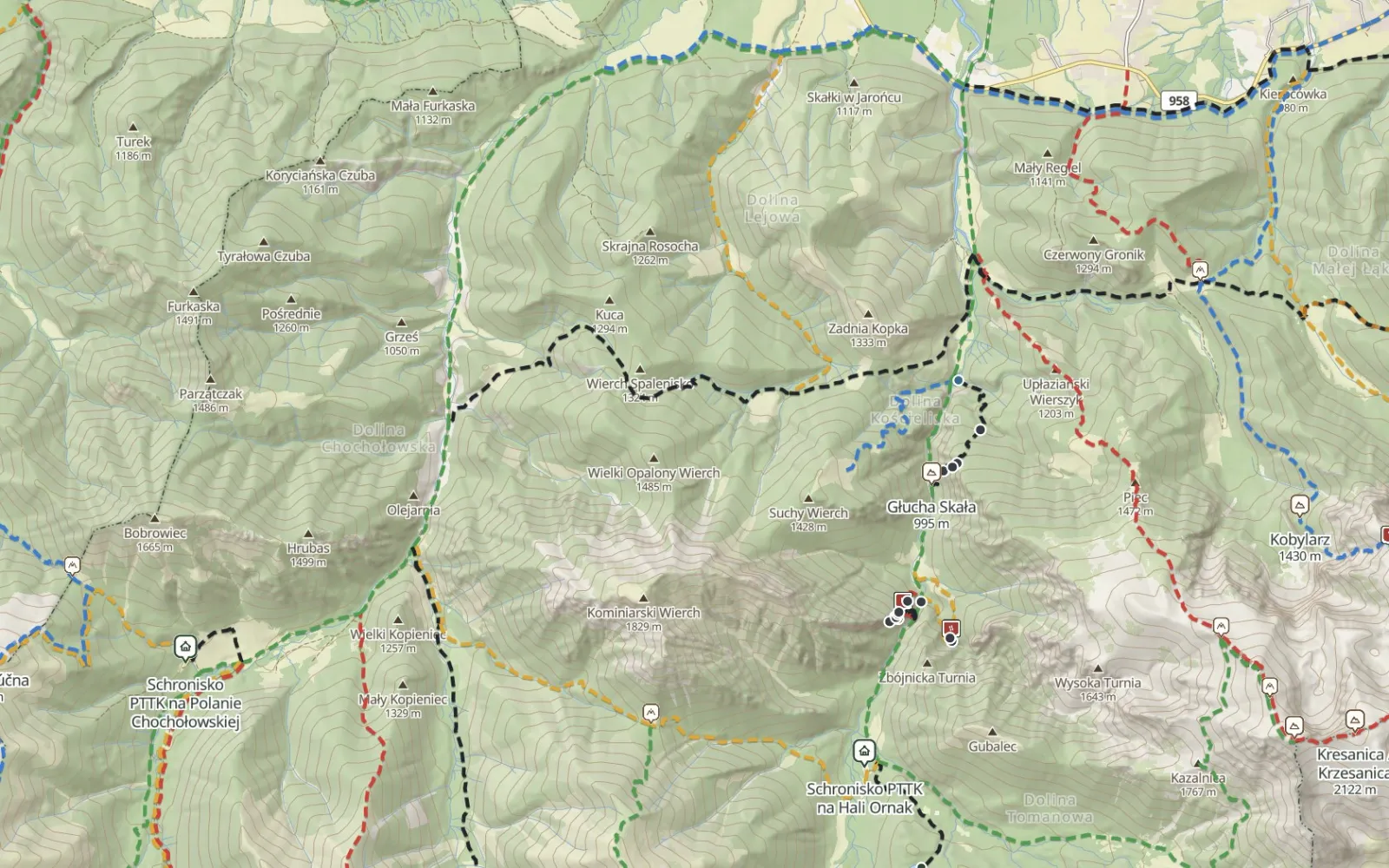 Mapa trasy Kiry – Dolina Kościeliska – Iwaniacka Przełęcz – Dolina Chochołowska