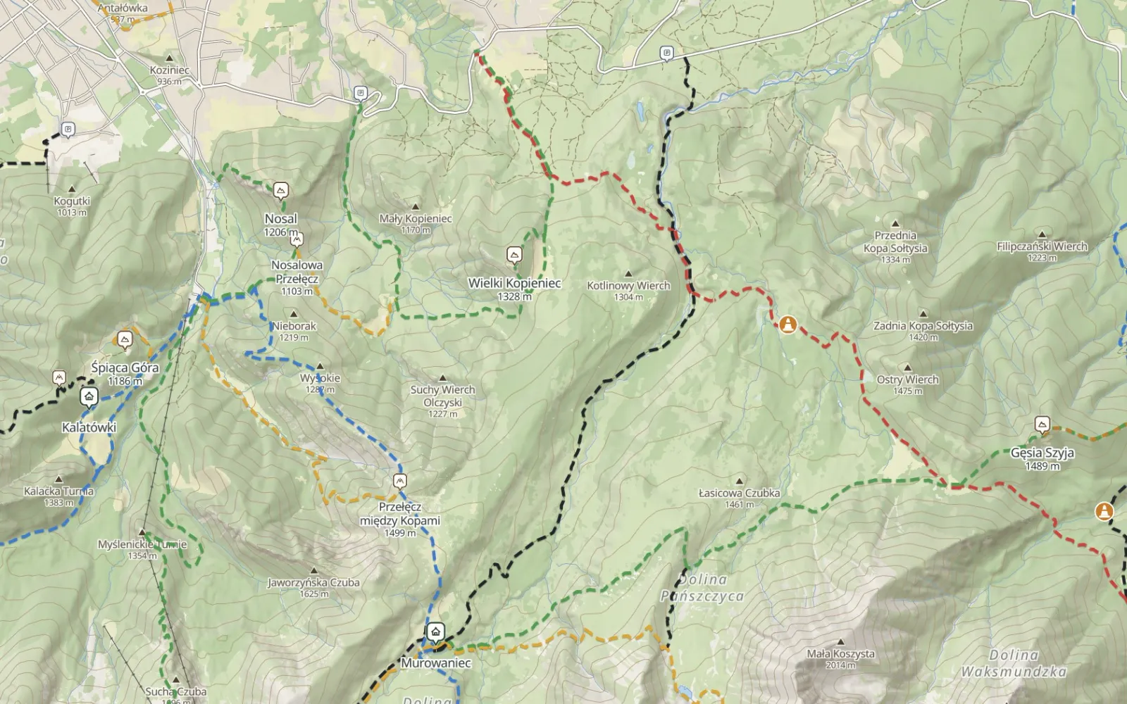 Mapa trasy Brzeziny – Dolina Suchej Wody – Hala Gąsienicowa