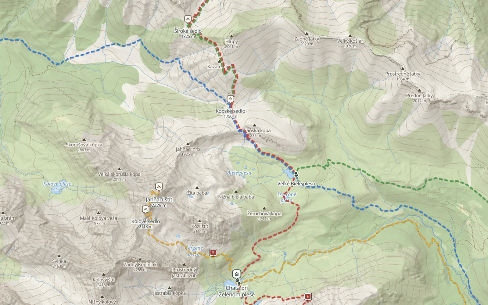 Mapa trasy Z Zielonego Stawu Kieżmarskiego na Przełęcz pod Kopą i Szeroką Przełęcz Bielską