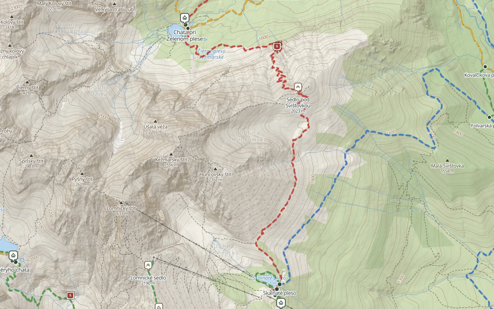 Mapa trasy Z Łomnickiego Stawu przez Rakuski Przechód do Zielonego Stawu Kieżmarskiego
