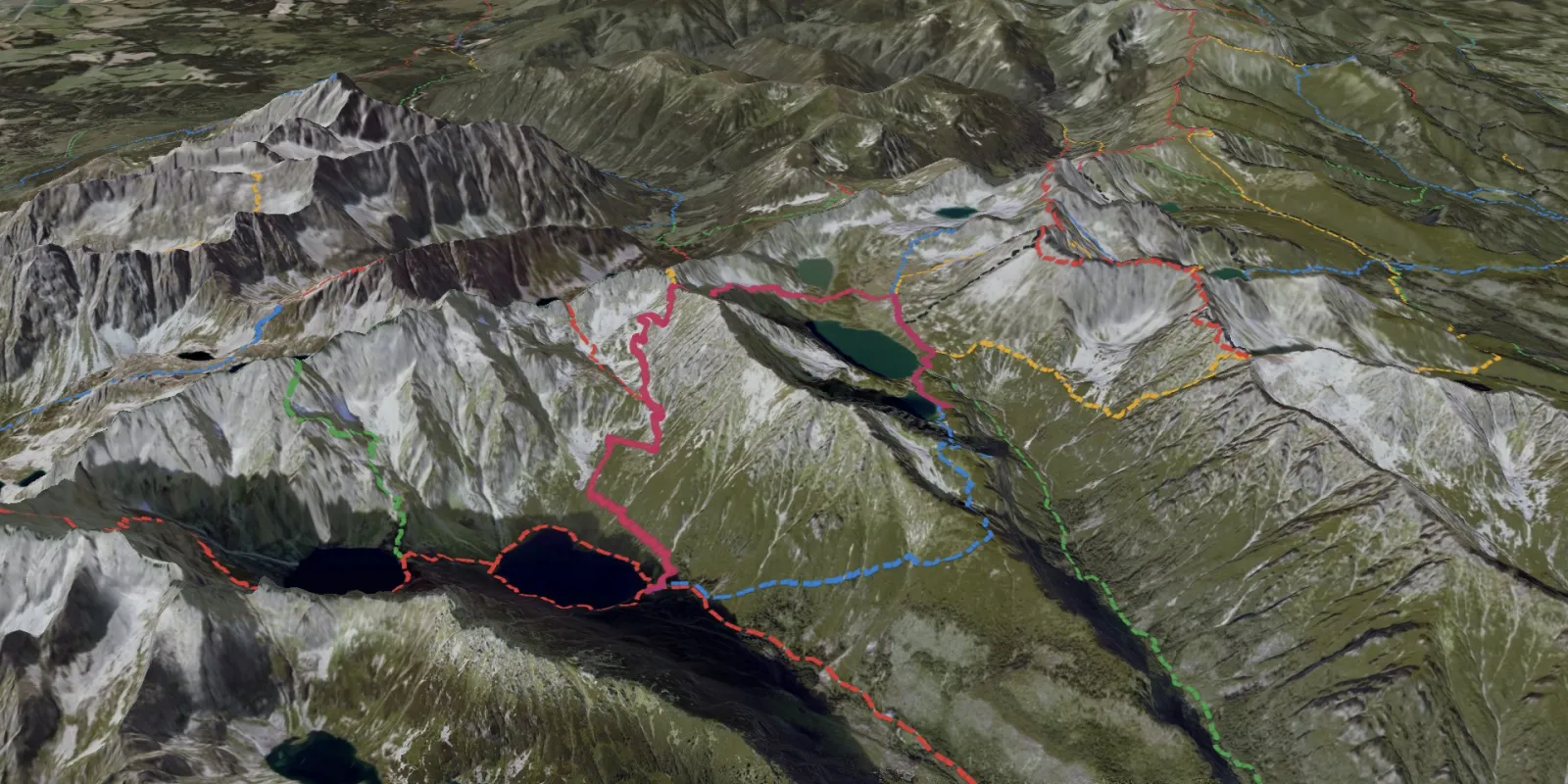 Widok satelitarny 3D na trasę Morskie Oko – Szpiglasowa Przełęcz – Dolina Pięciu Stawów Polskich