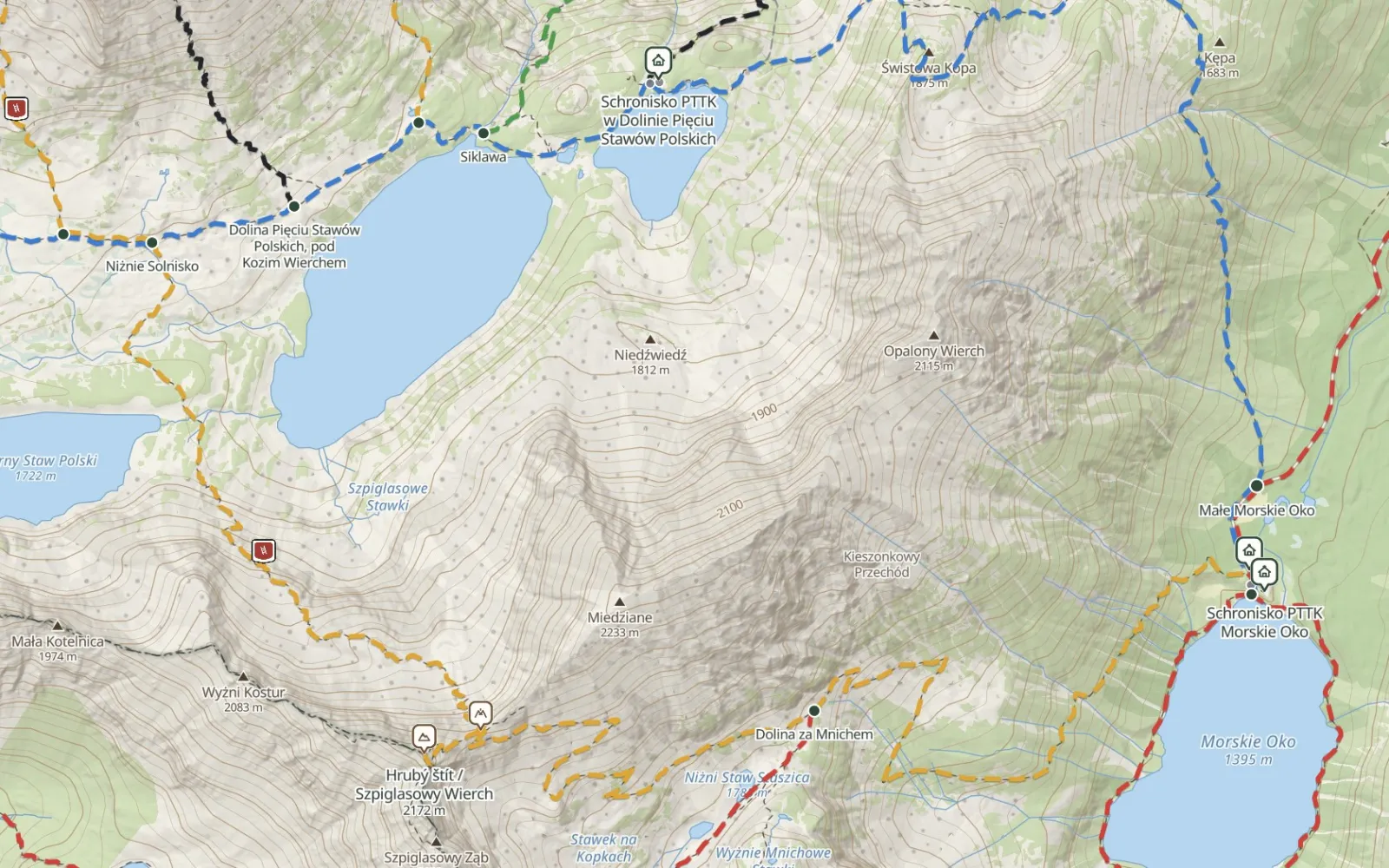 Mapa trasy Morskie Oko – Szpiglasowa Przełęcz – Dolina Pięciu Stawów Polskich
