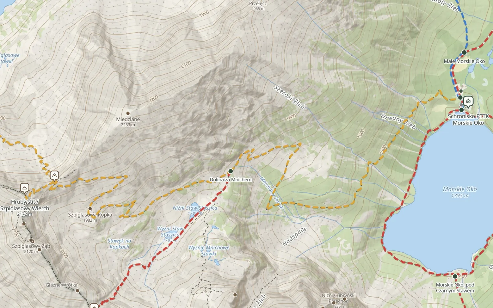 Mapa trasy Morskie Oko – Szpiglasowy Wierch