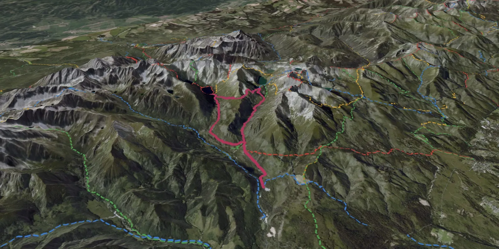 Widok satelitarny 3D na trasę Pętla z Palenicy przez Dolinę Pięciu Stawów i Morskie Oko