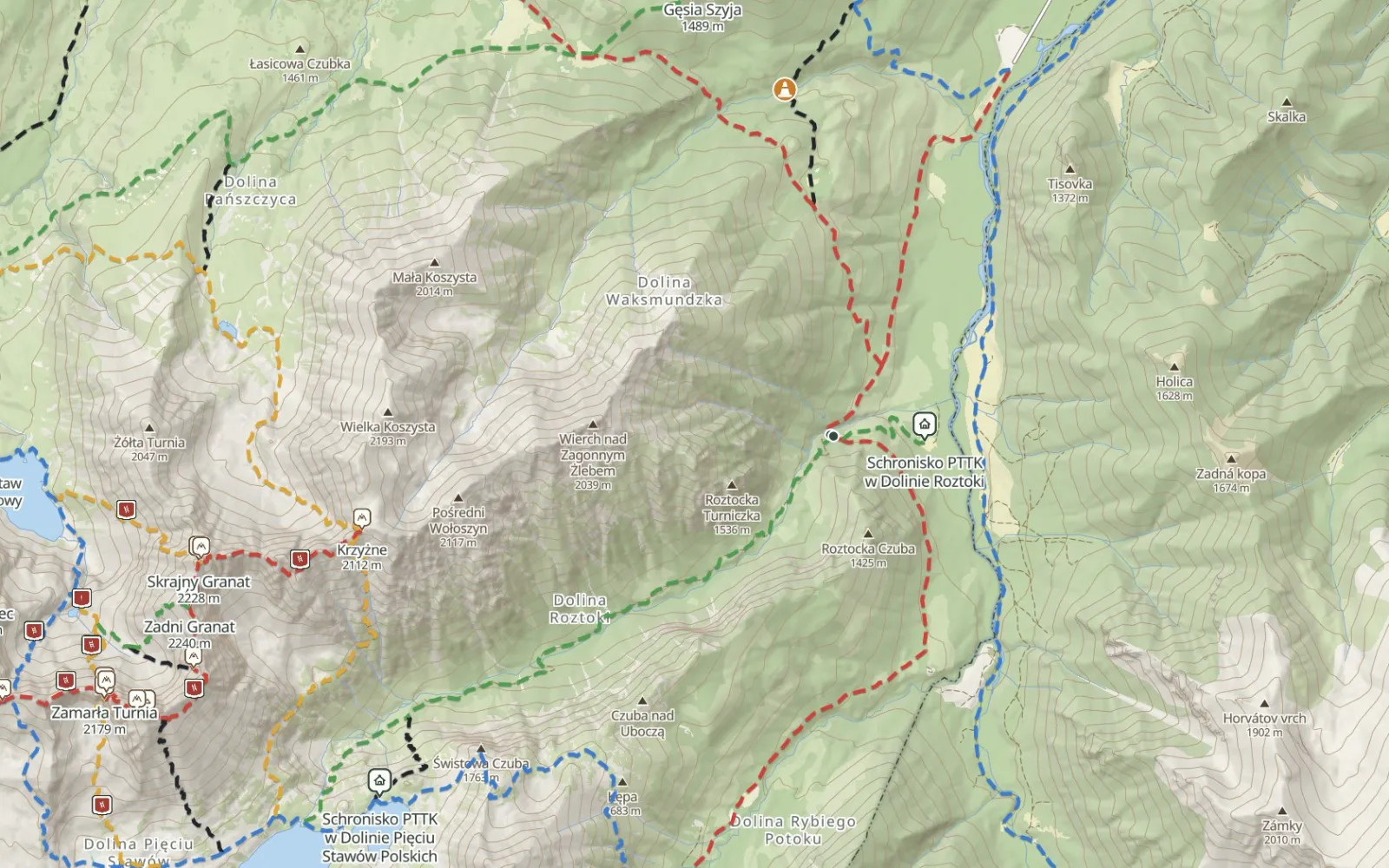 Mapa trasy Palenica Białczańska – Dolina Pięciu Stawów Polskich przez Dolinę Roztoki